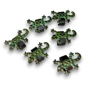 Handmade Artist Signed Lizard Gecko Napkin Rings Set of 6 Cast Metal Green Gold